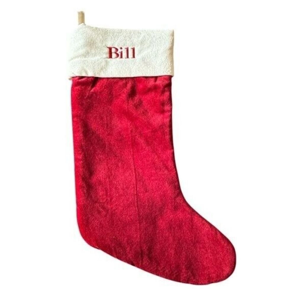 Bill Pottery Barn Red Cream Velvet Large Holiday Christmas Stocking Monogrammed